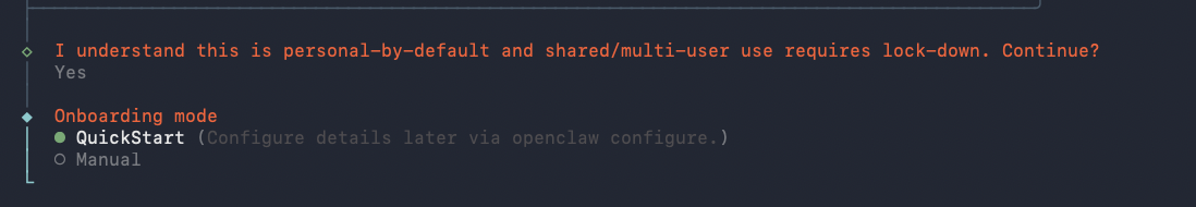Tela de seleção do modo de onboarding - QuickStart ou Manual